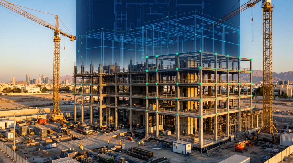 Digital BIM overlay on a MENA construction site, representing accurate quantity takeoff and estimating