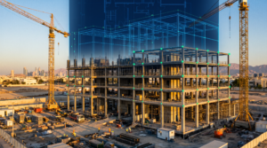 Digital BIM overlay on a MENA construction site, representing accurate quantity takeoff and estimating