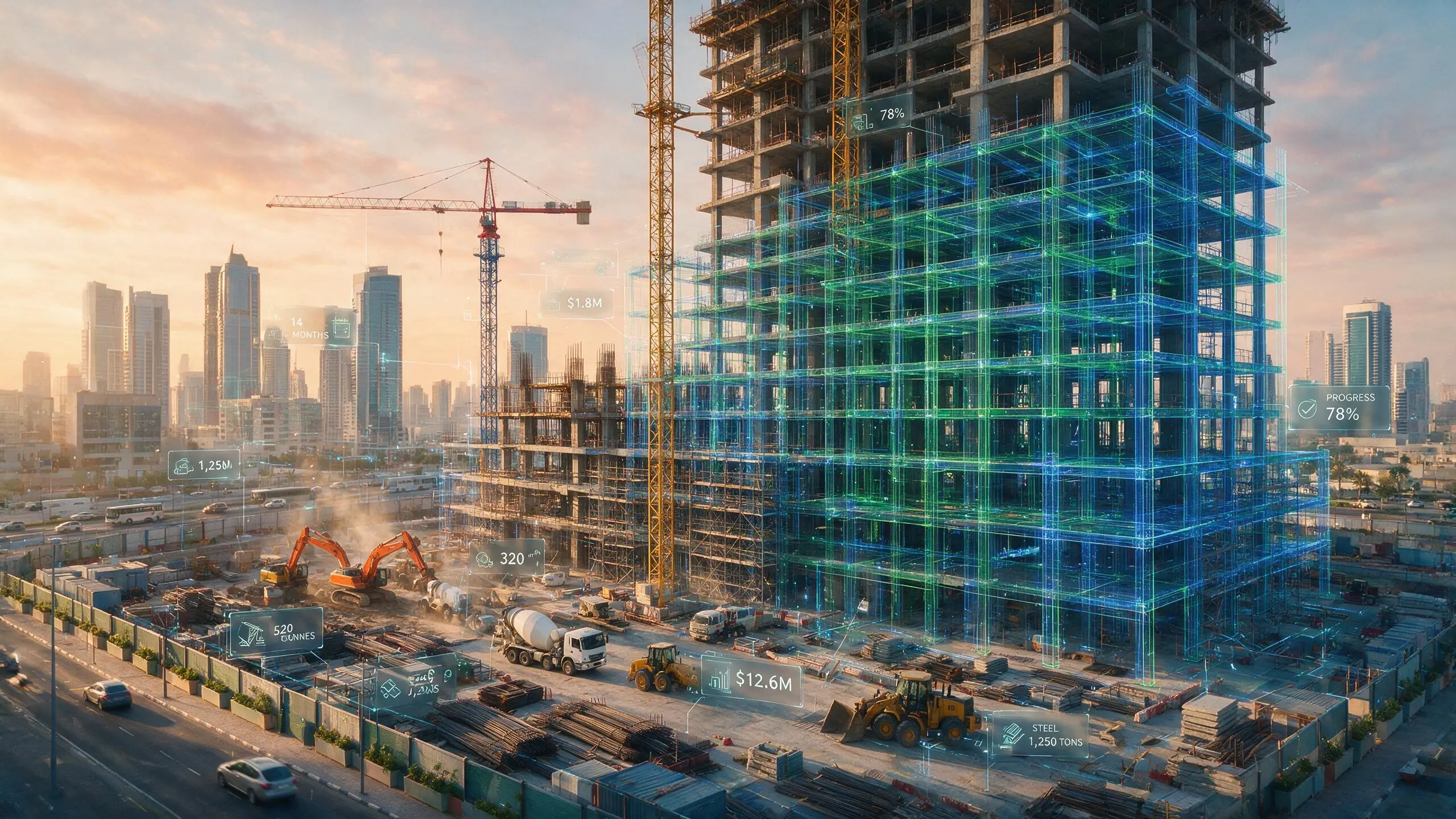 How construction technology cuts costs: digital overlay on a MENA construction site