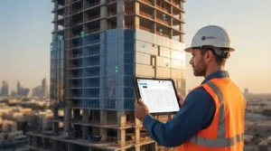 Construction inspector using digital punch list software on a tablet at a MENA high-rise site