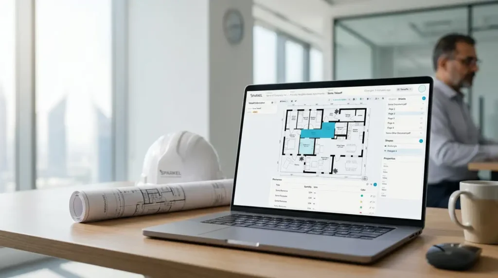 AI room detection on a construction floor plan PDF with quantities listed below the drawing