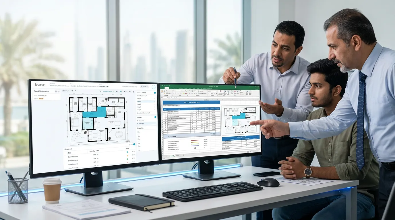 Quantity surveyor measuring plumbing pipe runs and counting sprinkler heads on a digital drawing