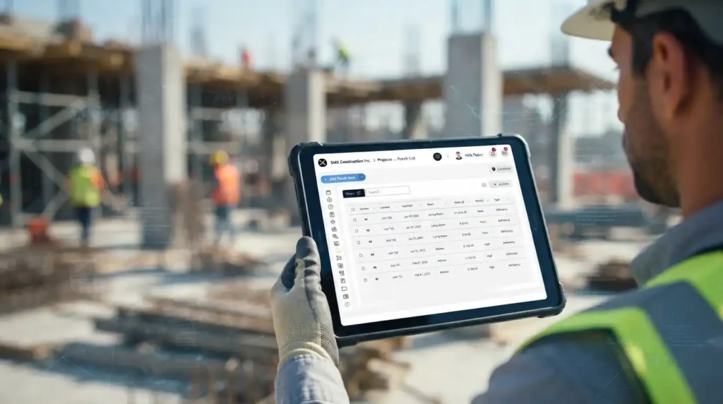 ablet screen showing a defect pinned to a digital floor plan with photo and assignee