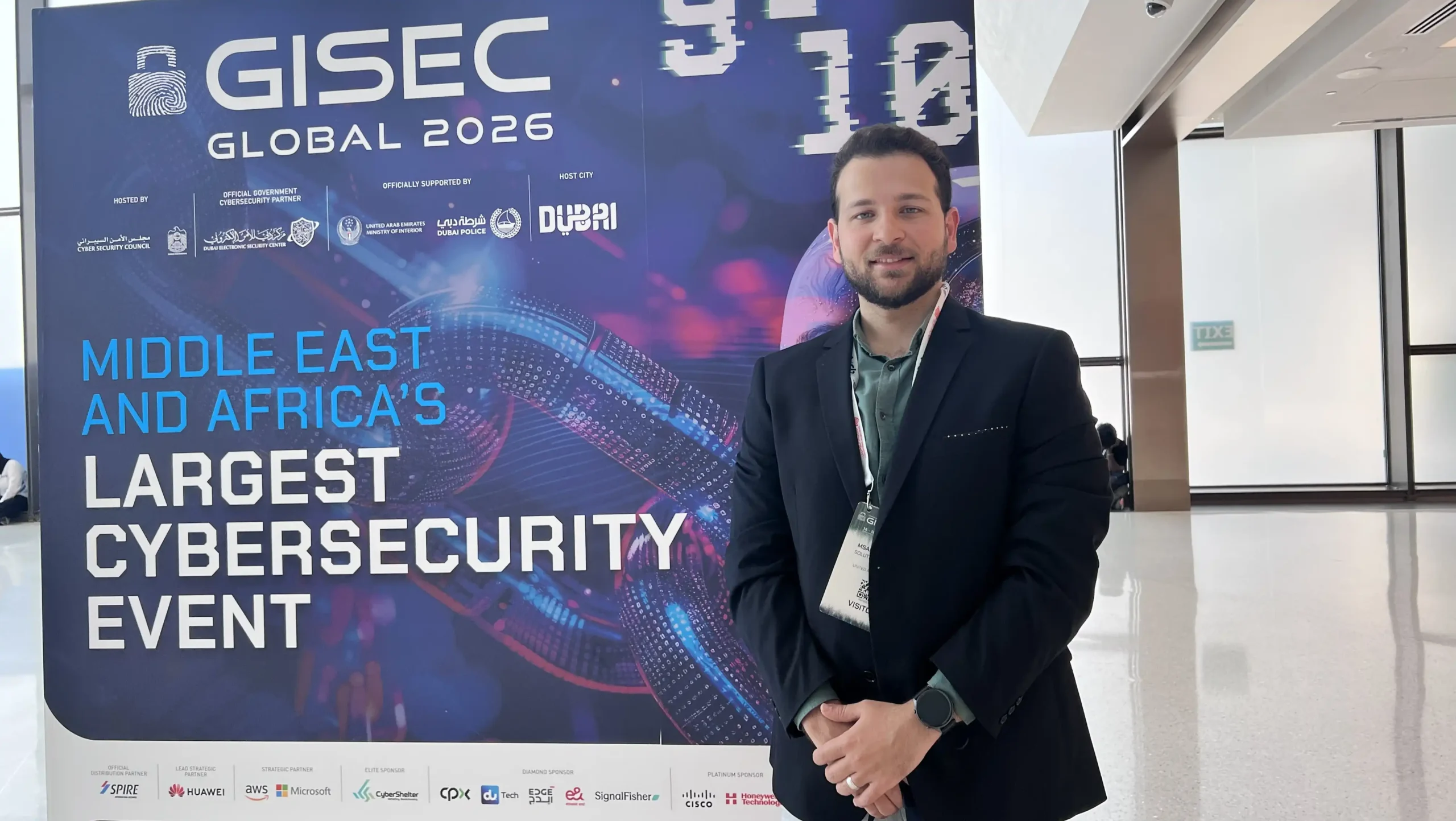 Msalam Hawari from GFT at the GISEC Global 2026 entrance in Dubai