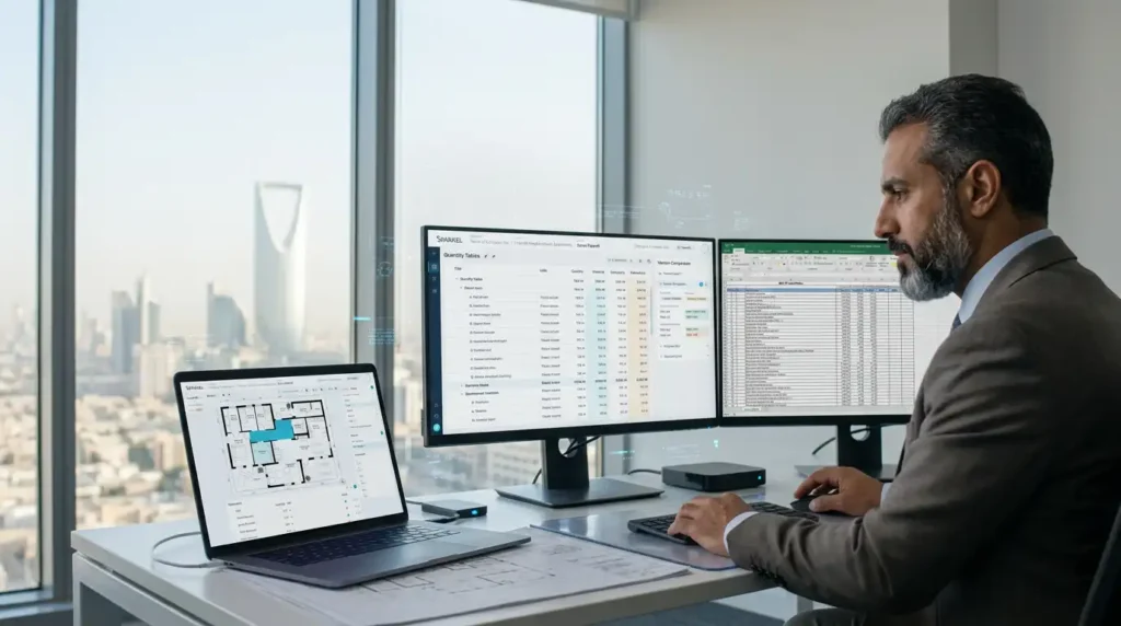 Quantity surveyor in Riyadh reviewing structured quantity tables, a version comparison and an Excel BOQ