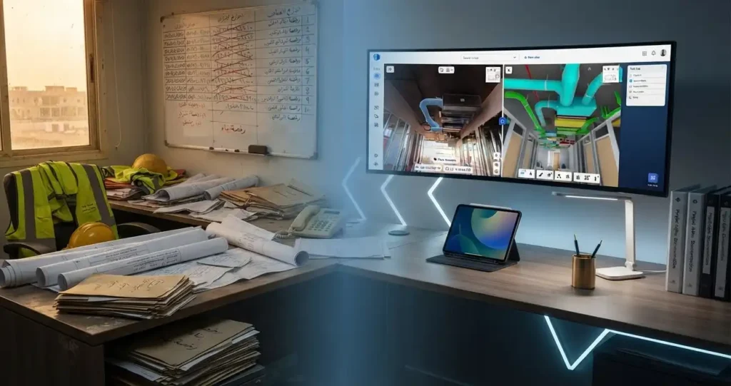 Split image comparing a cluttered paper-based site office to an organized digital site management setup