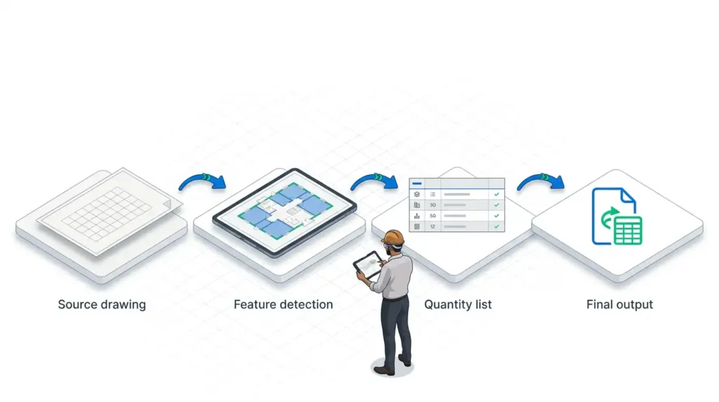 Four step AI quantity takeoff workflow from source drawing to feature detection, quantity list and Excel output