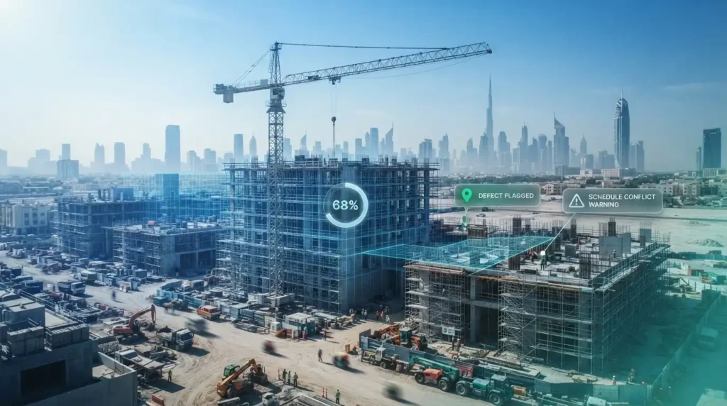 BIM clash detection: aerial view of a Gulf jobsite with a digital overlay flagging a coordination clash