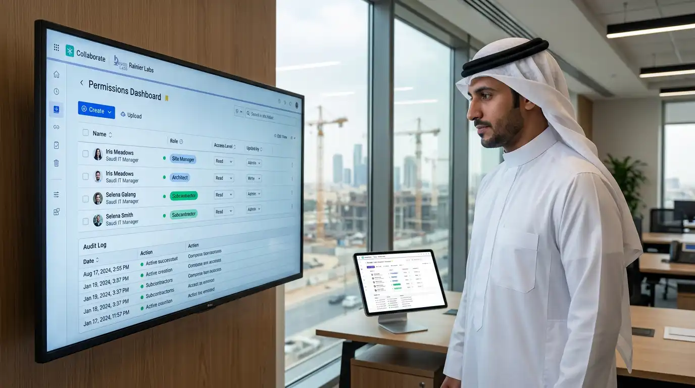 IT manager reviewing role based access permissions and an audit log for construction project data