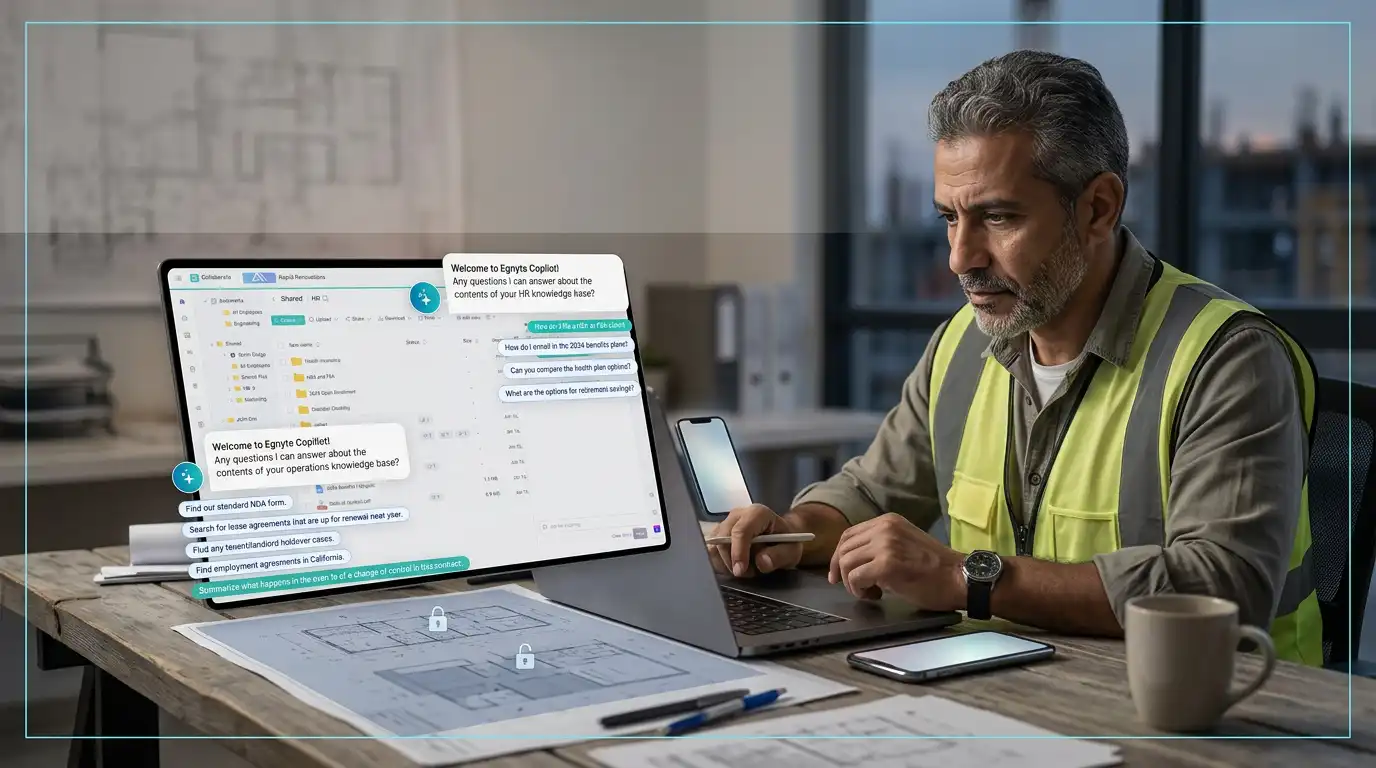 Construction manager using Egnyte AI to search project documents and drawings securely