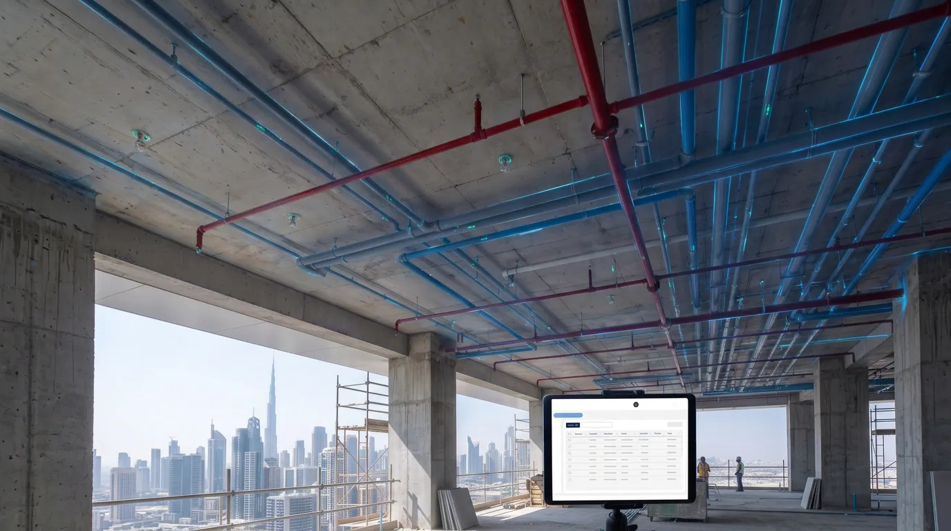 Engineer reviewing an AI-generated sprinkler layout with coverage zones on a floor plan