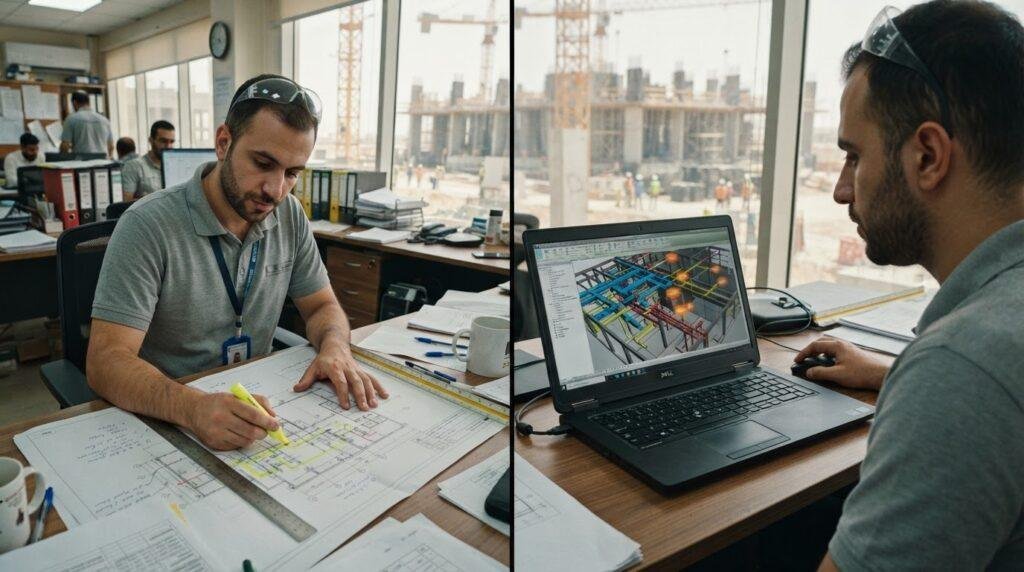 Split screen comparison of a manual paper takeoff markup and an AI assisted digital takeoff view, illustrating AI in MEP engineering workflows