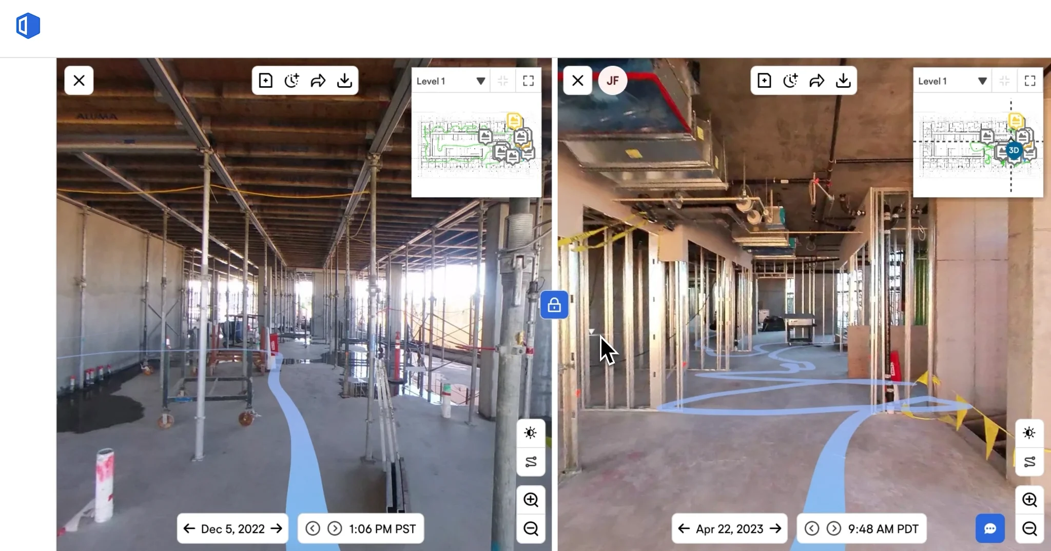OpenSpace 360 degree site capture comparing the same floor on two dates, mapped to the Level 1 plan