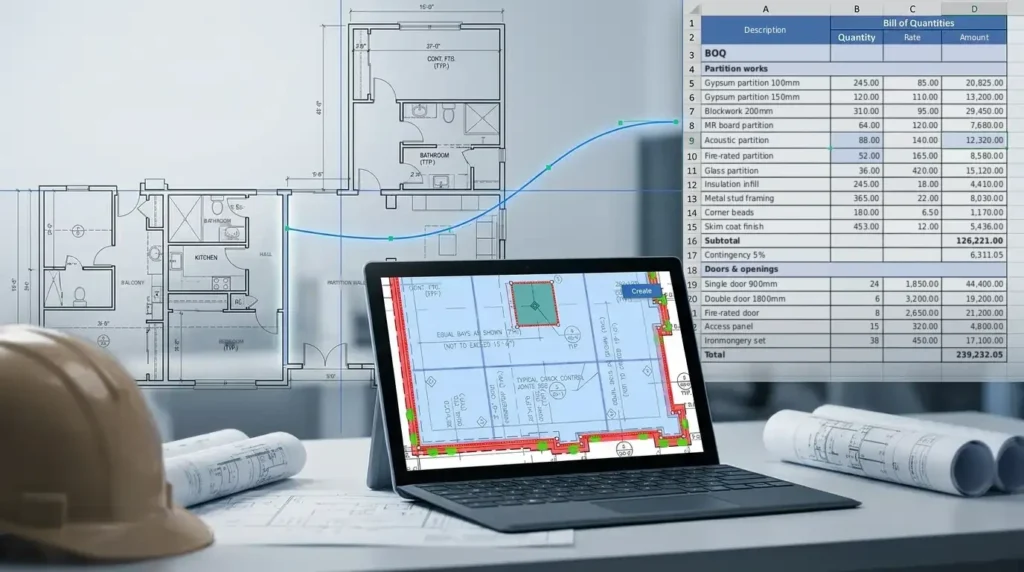 Takeoff quantities flowing from a floor plan into an Excel bill of quantities