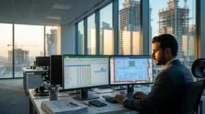 Estimator reviewing PlanSwift Takeoff BOOST results and an Excel BOQ in a Gulf site office