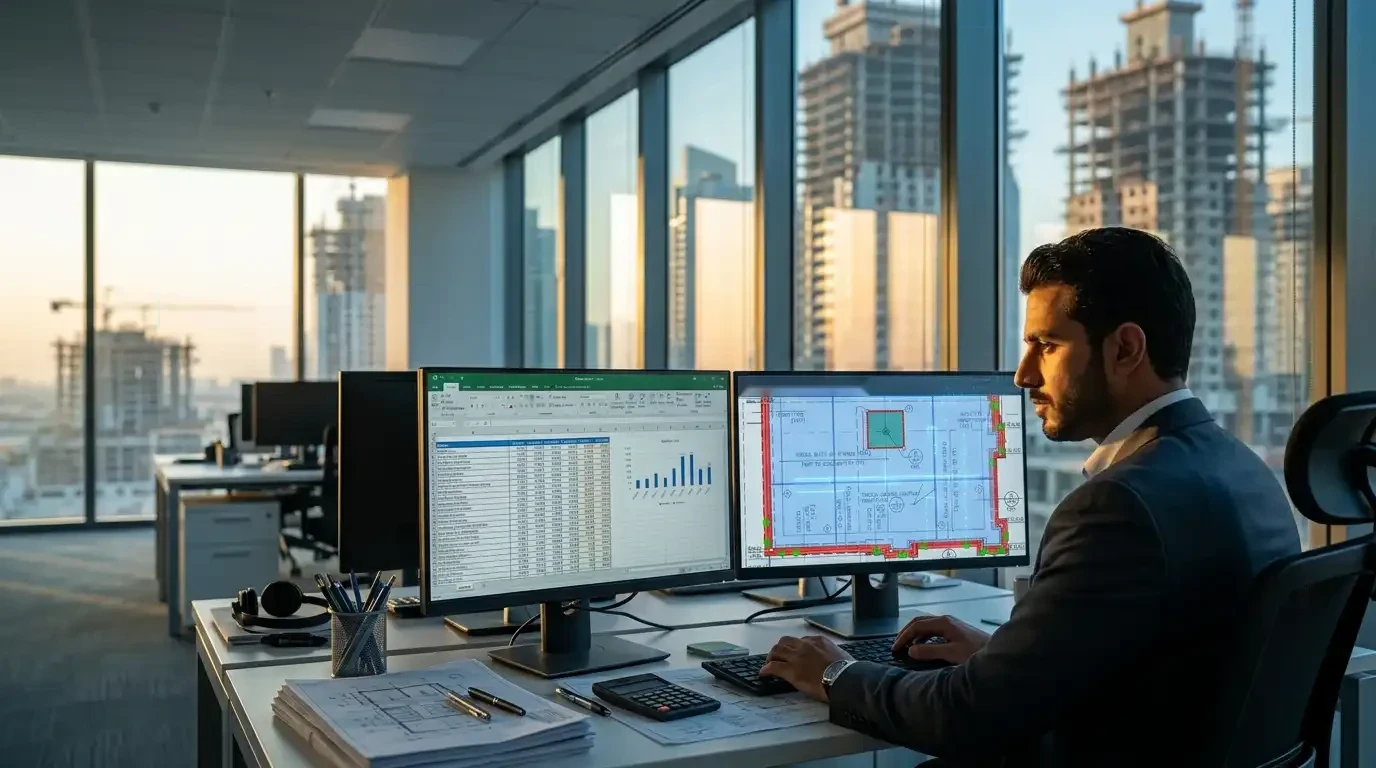 Estimator reviewing PlanSwift Takeoff BOOST results and an Excel BOQ in a Gulf site office