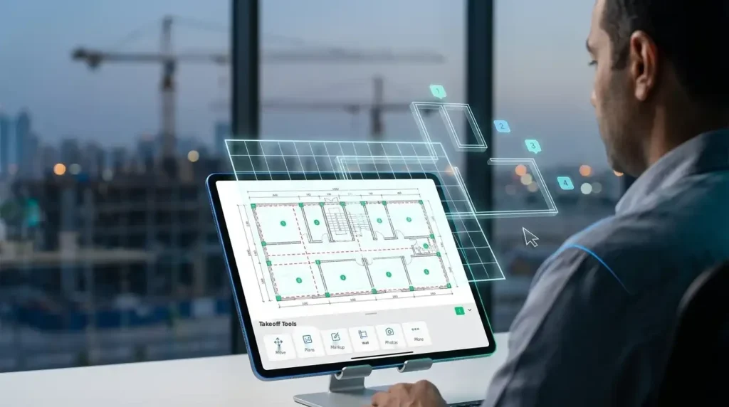 AI-detected rooms and elements highlighted on a floor plan with layered takeoff results