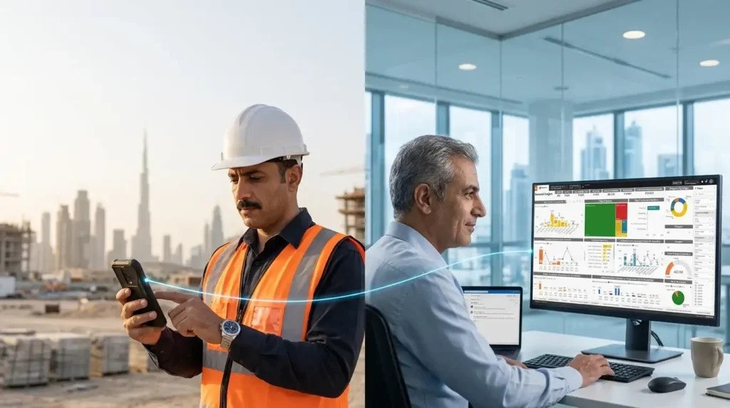 RFI sent from a Dubai construction site appearing instantly on an office screen