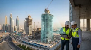 Aerial view of Dubai construction projects with BIM model overlay
