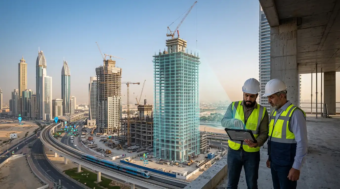 Aerial view of Dubai construction projects with BIM model overlay