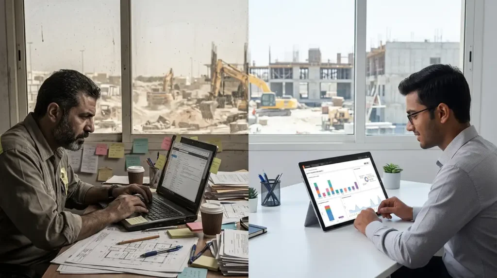 Manual paper based project workflow compared with a digital project dashboard