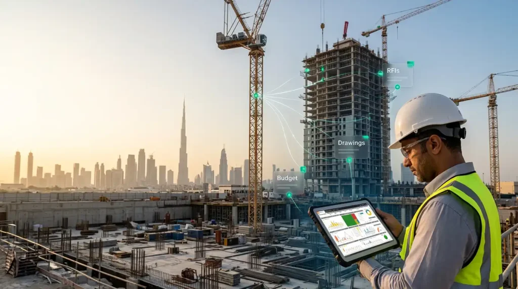 Site engineer using construction management software in Dubai on a tablet at a high rise project