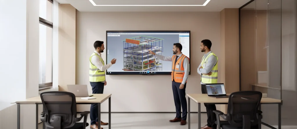 Contractor and consultant team reviewing a coordinated BIM model before permit submission