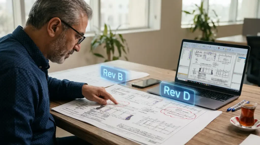 Estimator comparing Rev B and Rev D construction drawings with revision clouds highlighted