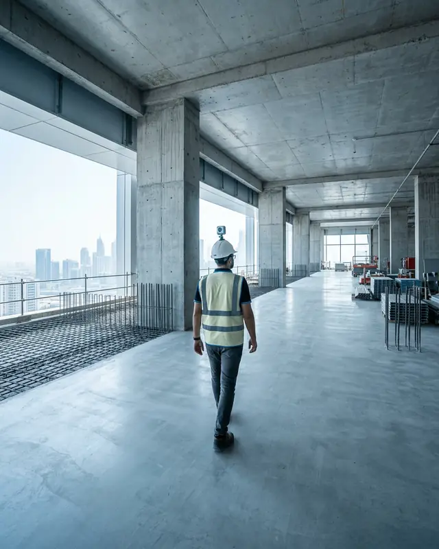 Site engineer with a helmet-mounted 360 camera capturing a building under construction