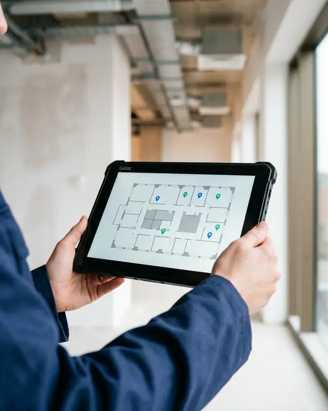 Engineer holding a tablet with pinned defects on a floor plan at a construction site