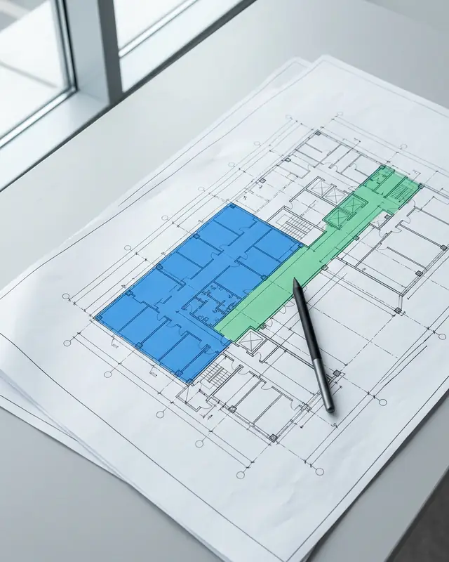 Construction blueprints with digital area and length measurements for quantity takeoff