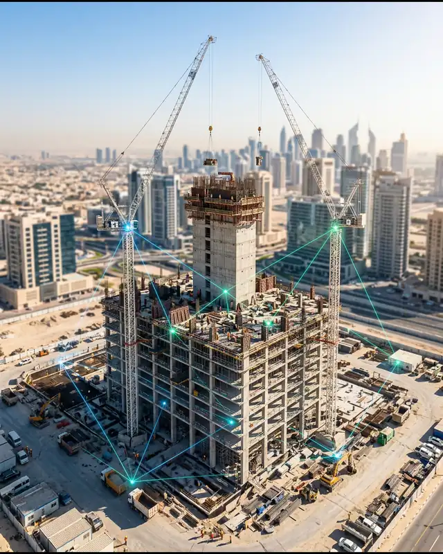 Aerial view of a high-rise construction site with tower cranes connected by data lines