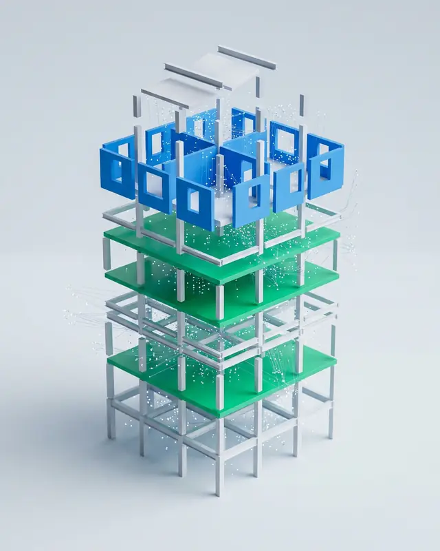 Exploded BIM building model with color-coded walls, slabs and columns for AI quantity takeoff