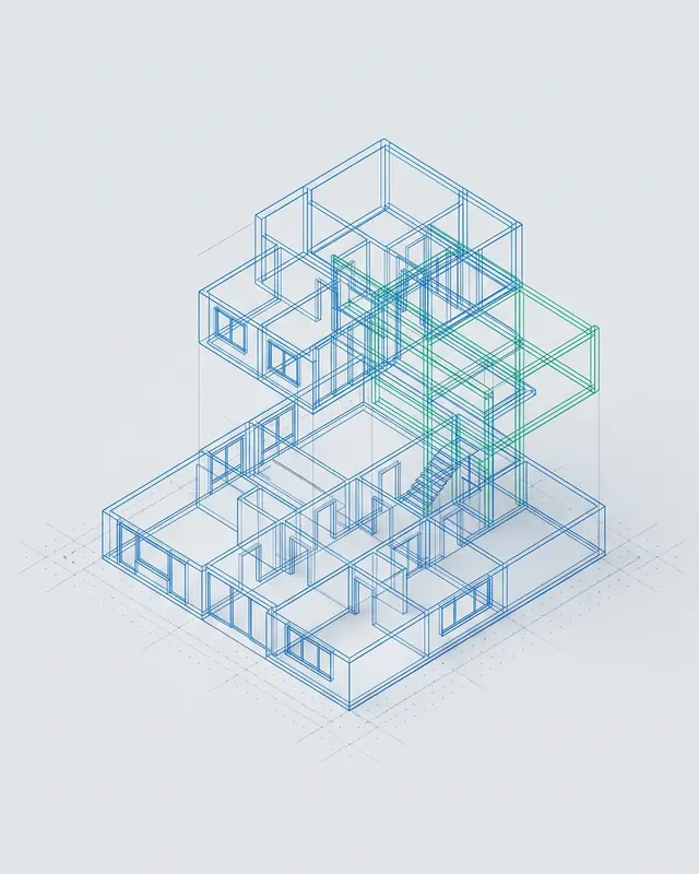 CAD floor plan rising into a 3D wireframe building model