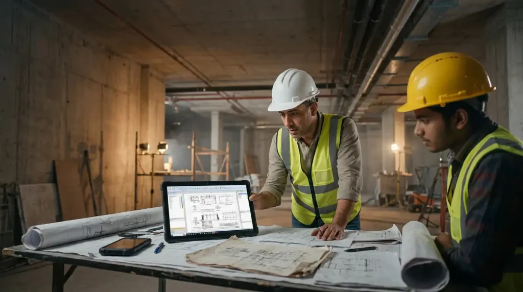 Engineers reviewing an MEP takeoff on a tablet in a basement under construction