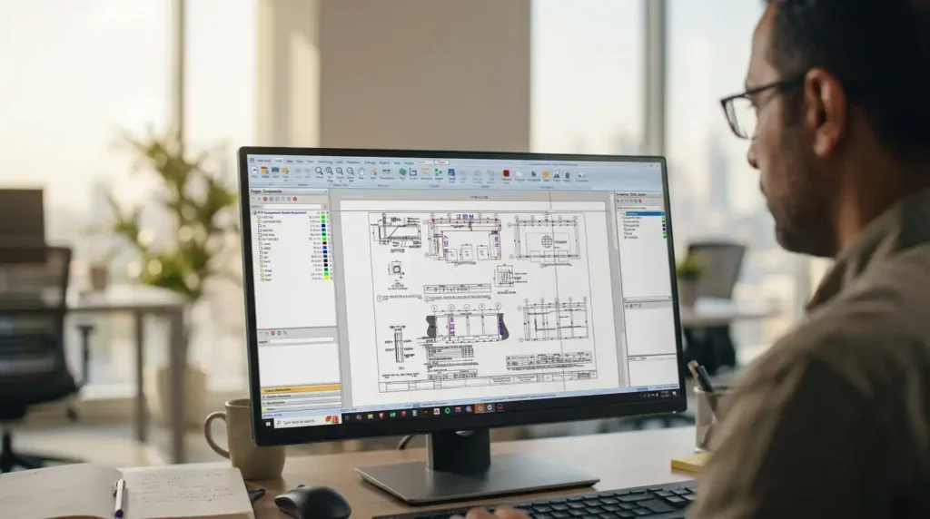 Estimator working in the PlanSwift interface with takeoff items on a structural drawing