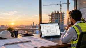 Quantity surveyor using a pre-bid takeoff checklist to review construction drawings in a site office