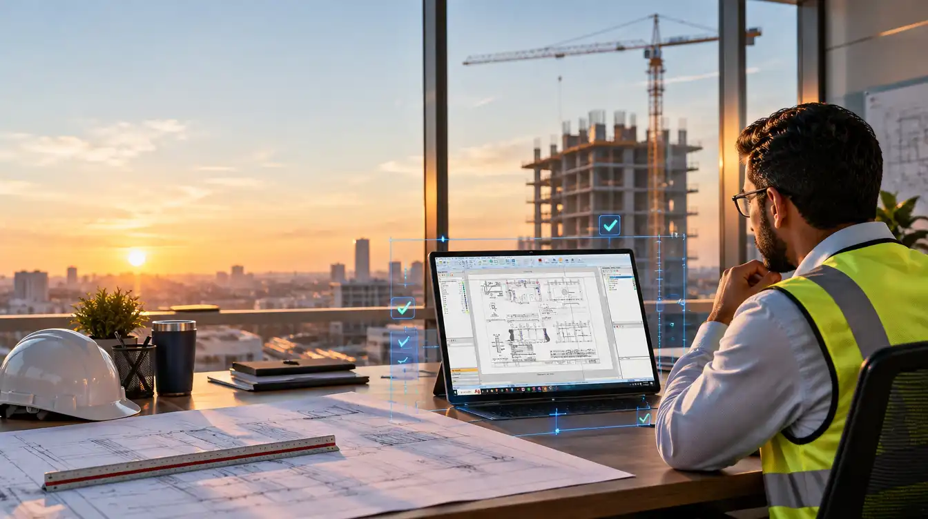 Quantity surveyor using a pre-bid takeoff checklist to review construction drawings in a site office