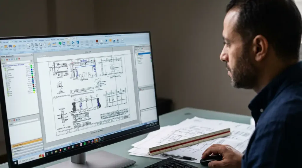 Estimator checking drawing scale in digital takeoff software with a scale ruler on the desk