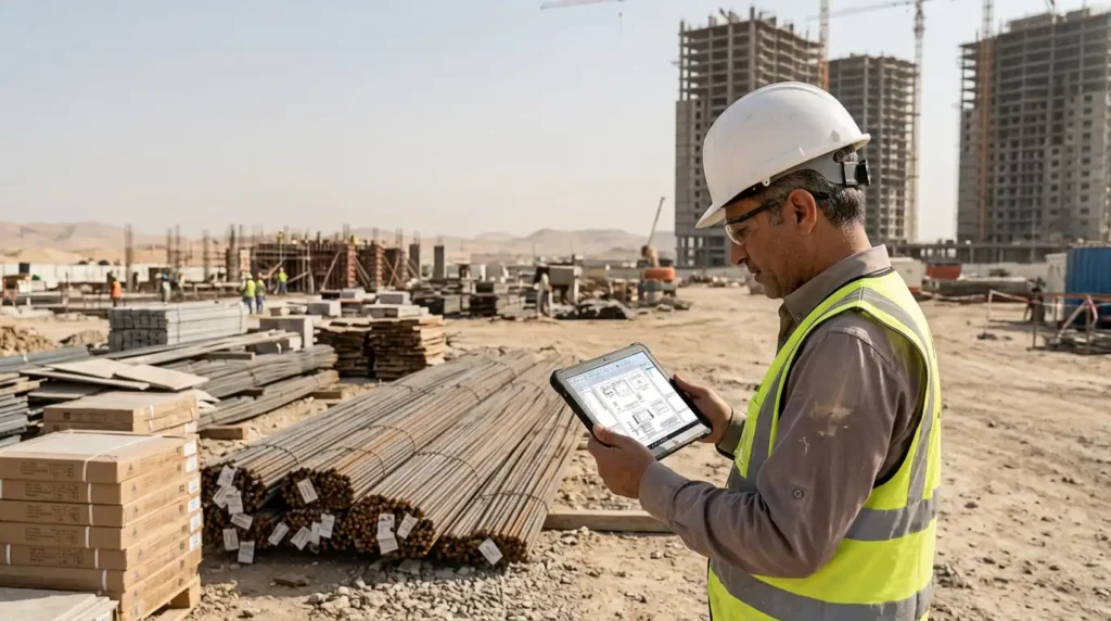 Site engineer reviewing material quantities on a tablet beside rebar bundles on a construction site